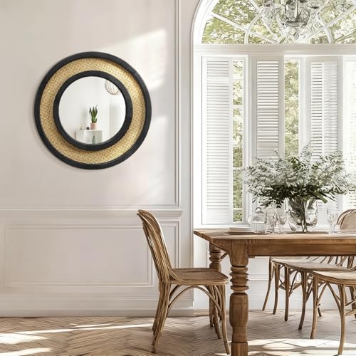 JJUUYOU Wall Mirror Round Mirror Black 20 Inch Circle Rustic Hanging Mirrors with Wood Frame Wall Mounted Mirrors for Living Room Bathroom Bedroom Entryway - color: Round Mirror-black, size: 20"L x 20"W