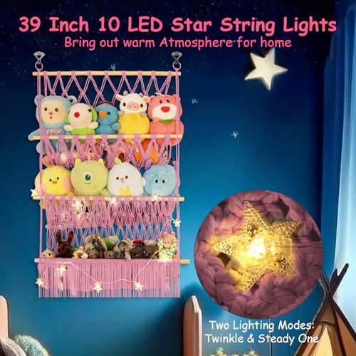 3 Tier Hanging Stuffed Animal Storage Shelf, 24x39 Inch Large Stuffed Animal Organizer Display for Mini Medium Stuffy Teddy, Pink Boho Macrame Stuffy Storage w/ LED Light & Clips for Kids Girls Boys - color: Light Pink, size: Large-3 Tier-24x39 Inch
