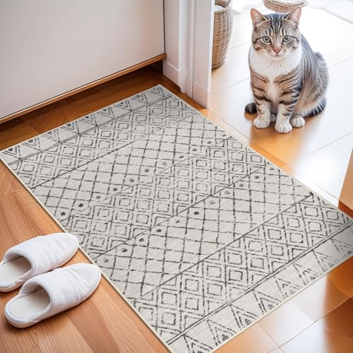 2x3 Entryway Rug Washable - Moroccan Small Area Rugs for Entryway Low Pile Indoor Mat Non Slip with Rubber Backing Thin Area Rug Pet Friendly for Front Door Kitchen Bedroom 2x3 Geo Grey - color: Geo Grey, size: 2' x 3' (Rectangular)