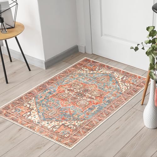 Keen Home Design 2x3 Rug - Machine Washable Entry Rug with Non-Slip Backing, Ideal for Enteryway, Kitchen, Bathroom, Laundry Room - Vintage, Easy Clean, Durable, Low Pile Rug - (2' x 3') - color: Blue / Orange, size: 2' x 3' (Rectangular)