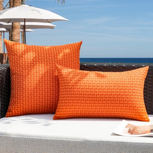 Kevin Textile Fall Outdoor Waterproof Throw Pillow Covers Pack of 2 Weaving Texture Water Resistant Outside Decorative Cushion Covers for Garden Patio Tent Balcony Bench Couch Sofa 16x16 Inch, Orange - color: Orange, size: 16" x 16" (Pack of 2)