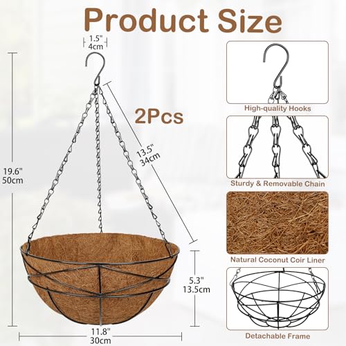 2 Pack 12 inch Metal Hanging Baskets for Plants Outdoor Metal Wire Hanging Basket Planter with Coco Fiber Liners Flower Pots for Home Porch Garden Patio, Diamond-Shaped - size: 12" x 2 Pack, style: Diamond