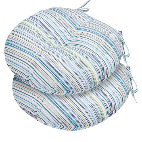 FUNHOME 15"x15"x4" Bistro Chair Cushion Set of 2, Water Repellent Round Outdoor Chair Cushions with Ties, Patio Tufted Chair Pads for Home Garden (Blue Stripe) - color: Blue Stripe