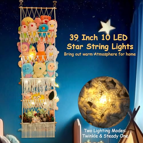 5 Tier Stuffed Animal Storage Shelf Net, 17x61 Inch Large Plushie Net w/LED Light & Clips for Mini Medium Stuffy Teddy, Beige Boho Macrame Wall Toy Holder Display for Nursery Kids Girls Boys - color: Beige, size: Large-5 Tier-17x61 Inch
