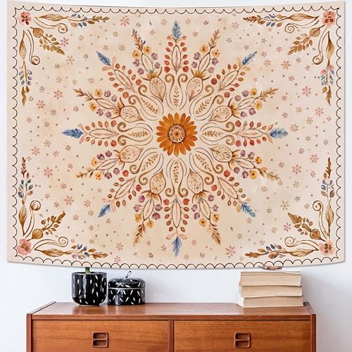Fowocu Boho Floral Mandala Tapestry for Bedroom Aesthetic Watercolor Bohemian Flower Wall Tapestry Brown Beige Hippie Indian Tapestries Wall Hanging for Living Room Dorm Decor 60 x 44 Inch - color: Brown Yellow, size: 60"L x 44"W