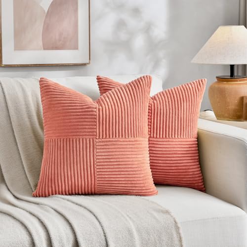 Fancy Homi 2 Packs Coral Samll Decorative Throw Pillow Covers 12x12 Inch with for Couch Bed Sofa, Rustic Farmhouse Boho Home Decor, Soft Corss Patchwork Corduroy Square Peach Cushion Case 30x30 cm - color: Coral, size: 12" x 12" (Pack of 2)
