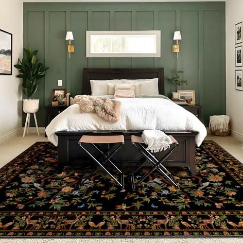 Black 6x9 Area Rugs, Machine Washable Non-Slip Rug, Boho Floral Botanical Soft Low Pile Throw Rugs for Living Room, Bedroom, Dining Room, Office - color: Black, size: 9' x 6' (Rectangular)