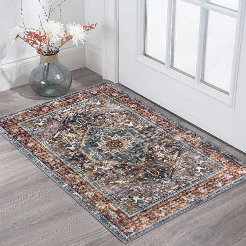 KOZYFLY Small Area Rug 2x3 Ft Rugs for Entryway Washable Boho Entry Rug Non Slip Door Mat Indoor Entrance Faux Wool Vintage Printed Kitchen Rug Throw Rugs for Entrance Kitchen, Brick Red/Orange/Green - color: Brick Red/Orange/Green, size: 2' x 3' (Rectang