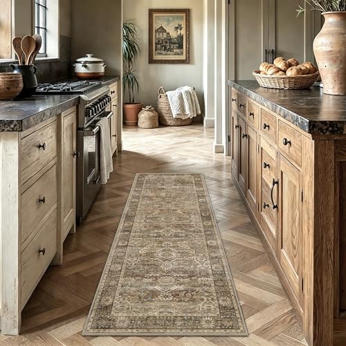 Brown Vintage Washable Runner Rugs for Hallway Kitchen Boho Hallway Rug Low Pile Non-Slip Retro Distressed Accent Throw Carpet for Entryway Bathroom Bedroom Beige - color: Brown, size: 2'*6'(Runner)