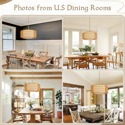 23 inch Natural 5 Light Rattan Light Fixture Woven Pendant Lights Rattan Farmhouse Chandeliers Fabric Shade Boho Chandelier for Dinning Room Kitchen - color: 23"-Natural-Prism