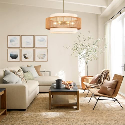25.6" Rattan Chandelier, 6-Light Large Rattan Pendant Light with Fabric Lampshade, Farmhouse Boho Light Fixture Ceiling Hanging for Dining Room, Living Room, Bedroom, Kitchen Island, Hallway, Foyer - size: 25.6" Straight weaving