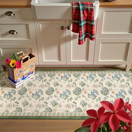 jinchan Elora 2x5 Floral Runner Rug for Hallway Washable Kitchen Runner Vintage Romance Design Non Slip Thin Indoor Floor Cover Low-Profile Throw Carpet for Entryway Bedroom Porch, Green/Beige - color: Bloom Green/Beige, size: 2' x 5' (Light Weight)