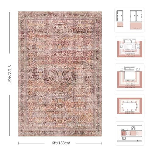 6x9 Area Rugs - Washable Vintage Retro Living Room Rug, Soft Ultra Thin Non Slip Low Pile Traditional Distressed Boho Carpet for Bedroom Dining Room Nursery Home Office, Vintage Iron Red - color: H-vintage Iron Red, size: 6x9
