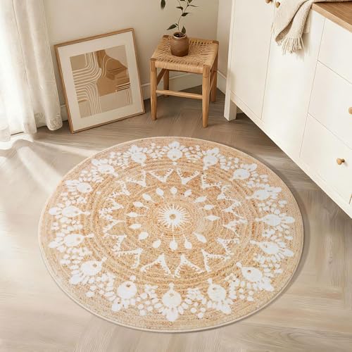 Asrug Imitation Jute Low Pile Round Rug Area Rug Washable Non-Slip Circle Rug Soft Plush Touch Circle Rugs Round for Kitchen Bathroom Living Bedroom Nursery, Carpet 3ft /36 inch/91 cm Brown - color: Beigefloral, size: 3ft