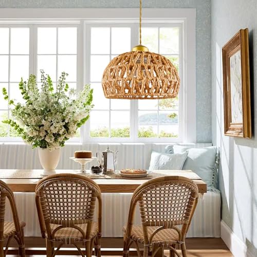 Boho Rattan Pendant Light, Adjustable Hanging Light Fixture with Natural Woven Shade, E26 Base Compatible for Kitchen Island, Bedroom, Living Room (Bulb Not Included) - color: 9.8”hemispherical shaped