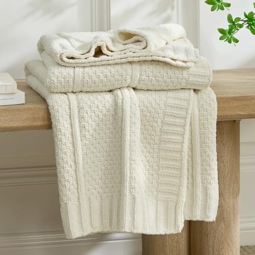 Amélie Home Premium Chenille Throw Blanket, Soft Cozy Moss Stitch Knit Blanket for Couch, Sofa, Chair, Home Decor, Cream White 50"x60" - color: Cream White, size: 50" X 60"
