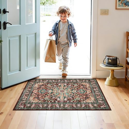 U'Artlines 2x3 Washable Boho Area Rug, Small Non Slip Vintage Doormat for Indoor Front Door Ultra Thin Mat Carpet for Entryway Kitchen Bathroom Bedroom Rust＆Teal - color: Rust＆teal, size: 2' x 3' (Runner)