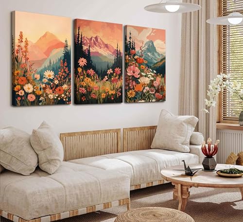 3Pcs Boho Mountain Canvas Wall Art Vintage Wildflower Mountains Poster Prints Abstract Nature Sunset Landscape Picture Botanical Paintings Artwork Wall Decor for Living Room Bedroom 16x24in Framed - color: Boho, size: 24"L x 16"W