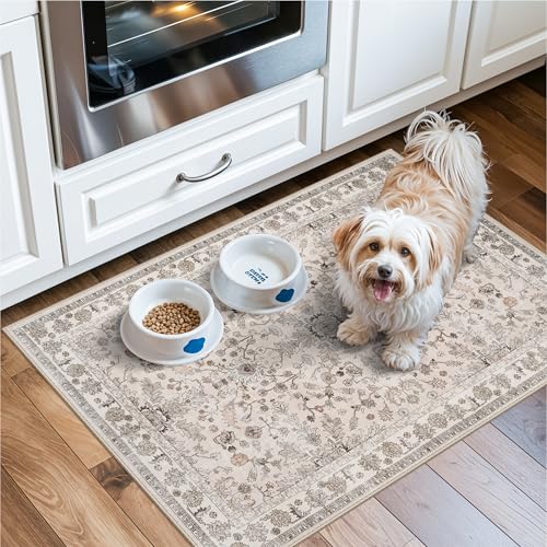 2x3 Non-Slip Washable Kitchen Rug – Boho Small Accent Rug for Sink & Entryway, Soft Low Pile Thin Carpet for Pet Area & Bathroom, Indoor Door Mat (Beige,2x3) - color: Beige, size: 2' x 3' (Rectangular)
