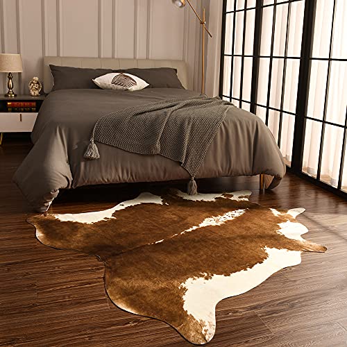 BENRON Premium Faux Cowhide Rug, Cow Print, Rustic Western Rugs for Living Room Bedroom, Irregular Animal Skin Hides, 4.6 x 5.2ft, Anti-Skid Cool Carpets for Cowboy Cowgirl Home Decor, Khaki Brown - color: Caramel, size: 4'7" x 5'2" (Irregular)