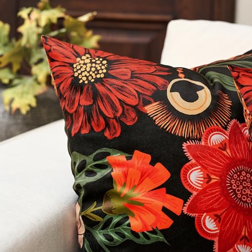 Tyrot Black Red Boho Floral Velvet Throw Pillow Covers 16x16 Inch Set of 2 Vintage Farmhouse Cushion Covers Mid Century Botanical Home Decor Pillow Cases for Couch Bed Sofa Living Room, Bedroom - color: Crimson Shadow, size: 16" x 16" (Pack of 2)