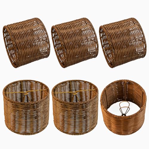 Round Chandeliers Lamp Shades Set of 6, Small Rattan Lampshades, Mini Cylinder Woven Lamps covers,Boho Lampshades Replacement, Clip on Lamps Shades for Floor Lamp Wall Sconces