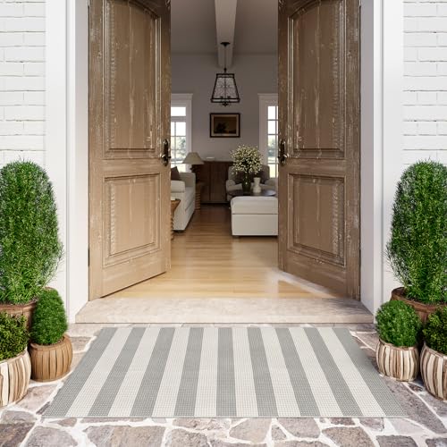 Grey and White Striped Rug-3x5 Front Door Mat Outdoor,Washable Reversible Porch Rug Cotton Hand-Woven Spring Doormat, Foldable Layered Door Mats for Entryway/Farmhouse - color: Grey, size: 3'x5'