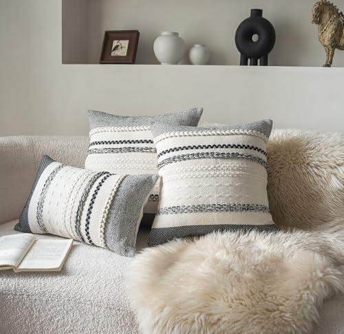 Cethom Boho Throw Pillow Covers 18x18 Inch Set of 2, Black Textured Decorative Couch Pillow Cases for Farmhouse Home Decor, Accent Cushion Cover for Sofa, Bed, Living Room, Bedroom - color: Black, size: 18" x 18" (Pack of 2)