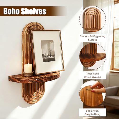 Artilady 2 Pack Floating Shelves for Wall Decor Boho Wood Shelf Plant Holder Trinket Storage Rack Rainbow Arch Home Decor for Bedroom Living Room Office Apartment - color: 1 Dark Brown