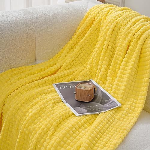 Puncuntex Yellow Throw Blanket 50"×60",Super Soft Flannel Fleece Plush Cozy Blanket with 3D Jacquard Square Grid Design Luxury for Couch Sofa Chair - color: Bright Yellow, size: 50"×60"