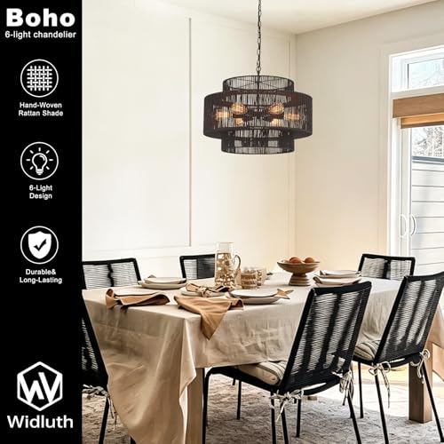23.6" Black Rattan Chandelier, 6-Light Hand-Woven Boho Light Fixture, 3-Tier Drum Wicker Chandelier for Dining Room, Bedroom, Kitchen Island, Foyer - color: black 23.6"