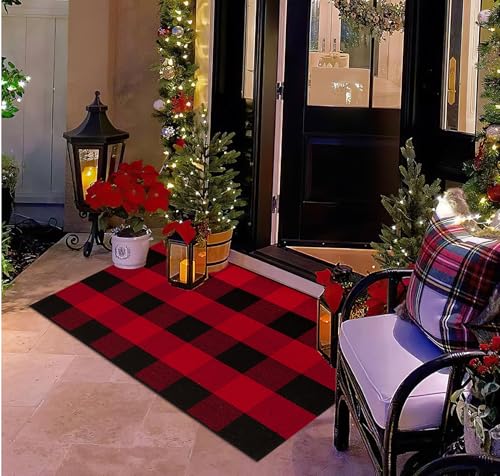 Christmas Door Mats Outdoor Rug 24'' x 35'' Red and Black Outdoor Machine Washable Welcome Mats Cotton Hand-Woven Entryway Rug for Front Porch/Entryway/Laundry/Bathroom/Bedroom - color: Red Black, size: 24''x 35''