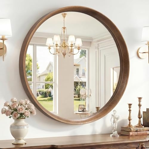 Brakki Round Wall Mirror with Wood Frame, 28 inch Circle Mirror for Bathroom Bedroom Entryway Vanity Living Room, HD Shatterproof Glass, Wall Mounted Decor, Hanging or Leaning, Walnut - size: 28"L x 28"W