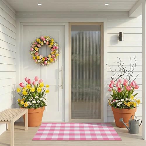 Buffalo Plaid Area Rug, Checkered Rug 3x5 Ft, Pink and White Rug, Washable Cotton Mat for Front Porch, Entryway, Kitchen, Living Room, Home Decor - color: Pink & White, size: 3' x 5' (Rectangular)