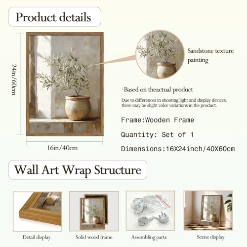 Framed Vintage Olive Tree Wall Art, Textured Sandstone Botanical Pictures Wall Decor, Rustic Neutral Potted Plant Paintings Prints Aesthetic Farmhouse Home Decor for Living Room Bedroom 16x24 inch - color: Olive Tree, size: 24"L x 16"W