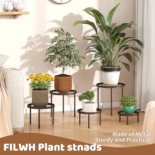 Plant Stand Indoor Outdoor 5 Pack Heavy Duty Metal Stand Multiple Plants, Anti-Rust Iron Flower Pot Stand Decoration Racks Plant Pot Shelf for Living Room Garden Balcony (Brown) - color: Brown
