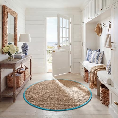 SAFAVIEH Area Rug 6' Round - Natural Fiber Collection - Natural & Turquoise, Seagrass, Basketweave Pattern with Border (NF114S) - color: Natural/Turquoise, size: 6' (Round)