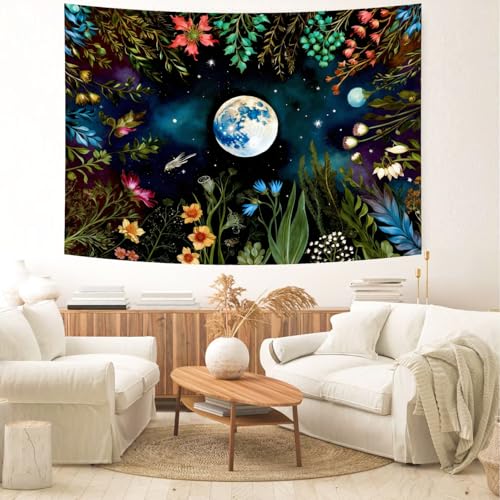 Delur Moonlit Garden Tapestry Boho Moon Floral Plant Tapestry Wall Hanging Colorful Flower Botanical Nature Night Landscape Headboard for Bedroom Living Room Home Decor (59.1" x 78.7") - color: Moonlit Garden, size: 59.1"L x 78.7"W