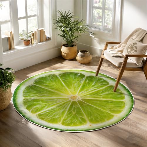 Round Area Rug, Fresh Green Citrus Theme Decoration, Washable Bedroom Floor Cushion, Round Office Rug with Lemon Slice Graphic Design, Anti Skid Soft Printed Mat for Teen Playroom Aesthetic 7 ft - color: E, size: 7' (Round)
