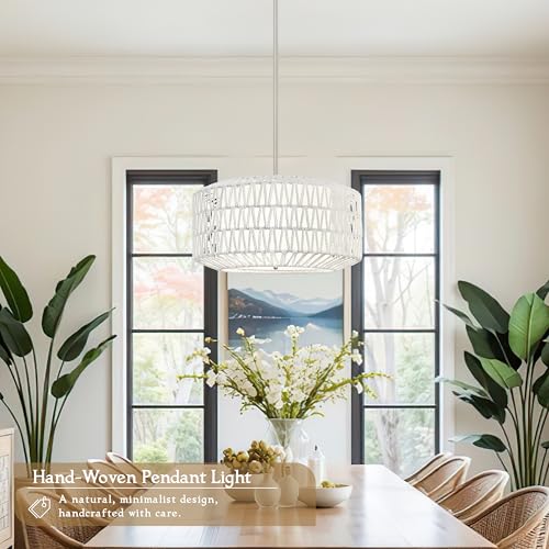 18 inch White 3 Light Rattan Light Fixture Woven Pendant Lights Rattan Farmhouse Chandeliers Fabric Shade Boho Chandelier for Dinning Room Kitchen - color: 18"-White-Prism