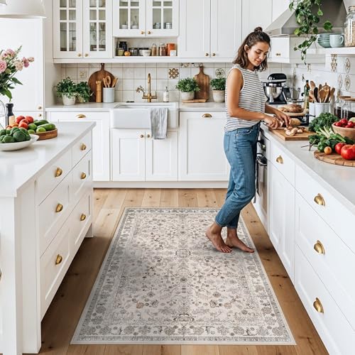 3x6 Kitchen Runner Rug Non Slip Washable - Soft Low Pile Stain-Resistant Wide Carpet Runner for Hallway Entryway Bedroom Bathroom with Rubber Backing - Boho Floral Door Mat(Beige,3x6) - color: Beige, size: 3' x 6' (Rectangular)