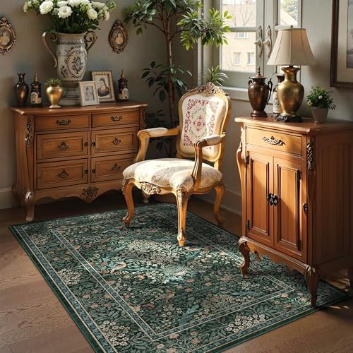 3x5 Floral Washable Area Rug for Living Room, Vintage Boho Rugs for Bedroom Dining Room, Botanical Birds Non Slip Low Pile Forest Throw Carpet for Farmhouse Office, Retro Green/Blue - color: Dark Green (Larger Pattern), size: 3' x 5' (Rectangular)