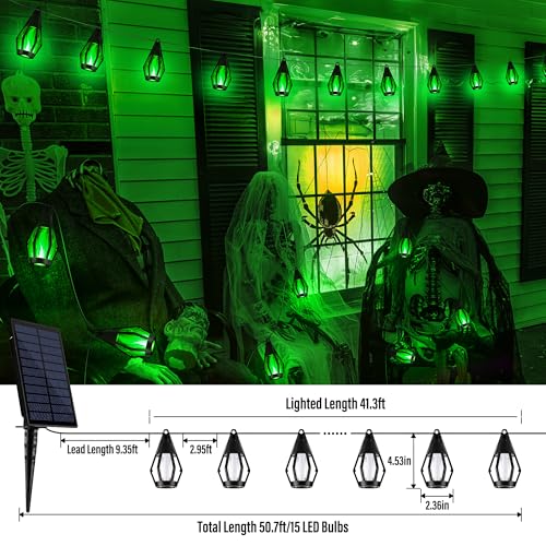 iBaycon Solar Halloween Lights, 42Ft 15 LED Bulbs Flickering Flame String Light, Outdoor Waterproof Solar Flame Lights for Garden Yard Patio Halloween Decorations (Green) - color: Green, size: 42FT