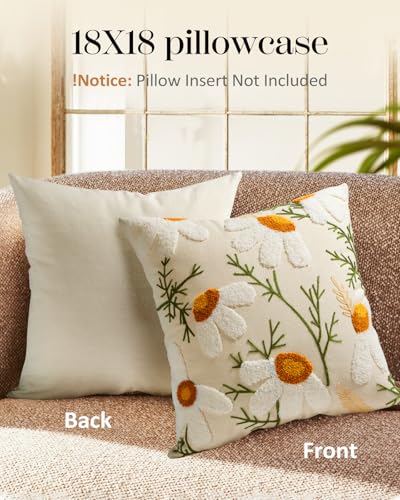 Embroidered Throw Pillow Cover - 18x18 Decorative Pillow Cover with Zipper Aesthetic Cute Design Boho Spring Summer Cozy Throw Pillowcase for Living Room Couch Sofa Bed, White Daisy - color: Daisy, size: 18" x 18" (Pack of 1)