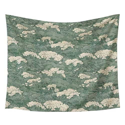 gsgfdshf Abstract Japanese Green Ocean Coral Wall Tapestry, Vintage Japanese Inspired lined Art Coastal Aesthetic Tapestry Wall Hanging for Bedroom Living Room Home Decor, 50x60 Inch - color: Landscape Text-Tapestry-J