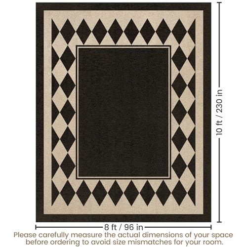 Washable Checkered Easy Jute Rug 8x10, Black Checkerboard Geometric Modern Outdoor Indoor Patio Large Bordered Rug, Woven Thin Carpet for Living Dining Play Room Bedroom Classroom Kids Nursery - color: Checkerboard -2 Black / Nature, size: 8' x 10'