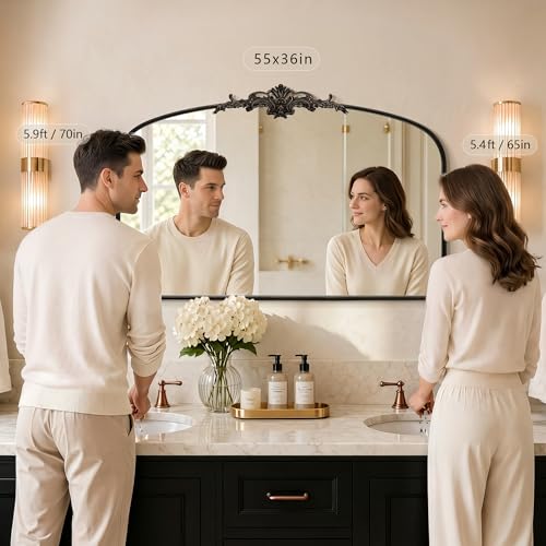 Besdomus Antique Arched Large Mirror: 55"x36" French Black Arch Antique Vanity Mirror - Overmax Decorative Baroque Traditional Ornate for New Home Decor - Idea for Living Room/Fireplace/Bathroom - color: Black, size: 36"L x 55"W