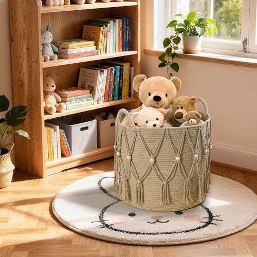 Blanket Basket for Living Room Decor Storage Basket for Toy Organizer Boho Decor Baskets for Modern Farmhouse Decor Small Laundry Basket for Bedroom and Laundry Room Organization,Beige - color: Beige