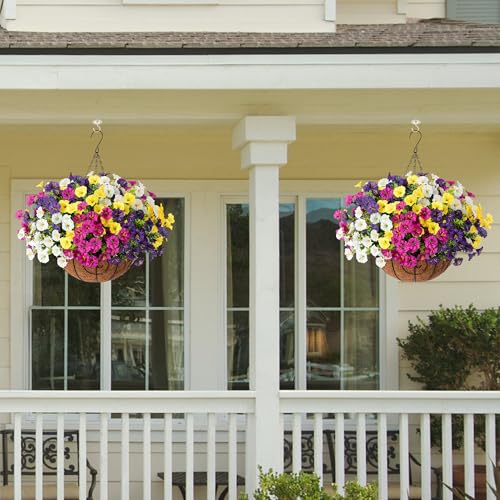 Artificial Faux Hanging Plants Flowers Basket for Spring Summer Outdoors Decoration, Fake Silk Colorful Morning Glory with Eucalyptus Look Real UV Resistant for Outside Porch Patio Balcony Garden Home - color: Multi-color (3 Fuchsia, 3 Purple, 3 Yellow, 3