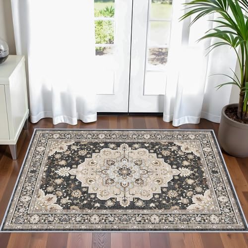 Washable 2x3 Entryway Area Rug: Vintage Non-Slip Backing Rugs for Kitchen Bathroom Water Resistant Carpet for Bedroom Soft Low Pile Front Door Mat for Dining Room 2x3 Black - color: Black, size: 2' x 3' (Rectangular)